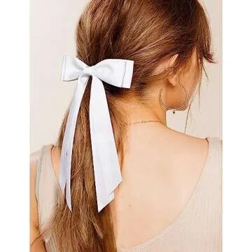 2PCS Silky Satin Hair Bows Hair Clip Pink White Hair Ribbon Ponytail Holder Accessories Slides Metal Clips Hair Bow for Women Girls Toddlers Teens Kids