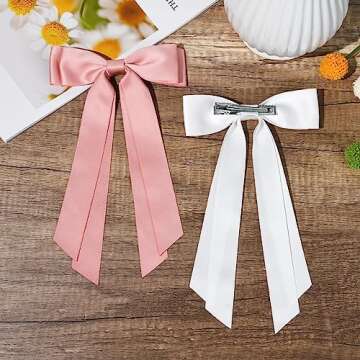 2PCS Silky Satin Hair Bows Hair Clip Pink White Hair Ribbon Ponytail Holder Accessories Slides Metal Clips Hair Bow for Women Girls Toddlers Teens Kids