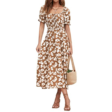 XIONGMEI Women Summer Casual Square Neck Short Sleeve Smocked Waist A-Line Midi Dresses Boho Floral ...