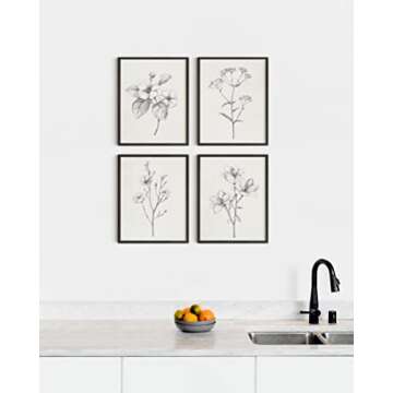 HAUS AND HUES Grey Floral Wall Art - Set of 4 Plant Posters for Wall Vintage, Botanical Prints, Black and White Flower Pictures for Room Aesthetic, Farmhouse Bathroom, Rustic Art (Black Frame, 8x10)