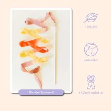 Sarah's Silks Boho Rainbow Streamer - 8' Long Ribbon Wand for Kids, Pretend Play, Dance, Baton Stick Twirling, and Gymnastics Party Favors | 100% Silk and Wood Montessori and Waldorf Toys (1)