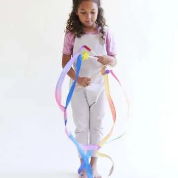 Sarah's Silks Boho Rainbow Streamer - 8' Long Ribbon Wand for Kids, Pretend Play, Dance, Baton Stick Twirling, and Gymnastics Party Favors | 100% Silk and Wood Montessori and Waldorf Toys (1)
