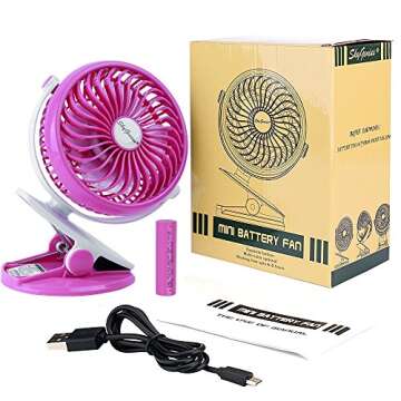 SkyGenius Battery Operated Clip on Stroller Fan, Portable Mini Desk Fan Rechargeable(Pink)