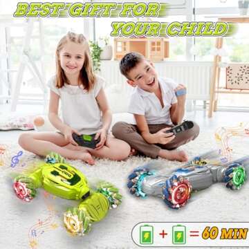 ZZPQ Gesture Sensing RC Stunt Car, 4WD Hand Controlled Remote Control Twist Car Toys for 6-12 yr Boys Girls - RC Car Gifts for Kids 6-8 8-13, 360° Rotating Transform Off Road w/Lights Music, Green