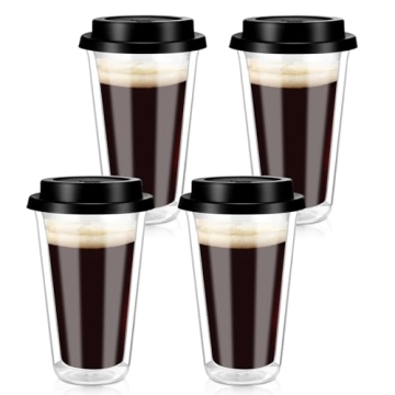 4 Pack Double Walled Glass Coffee Mugs with Silicone Lids, 12 oz Insulated Coffee Travel Mug Clear C...