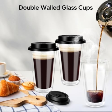 Double Walled Glass Coffee Mugs 4 Pack with Lids