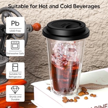 Double Walled Glass Coffee Mugs 4 Pack with Lids