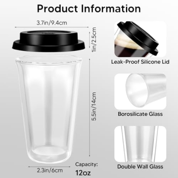 Double Walled Glass Coffee Mugs 4 Pack with Lids