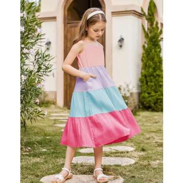 Arshiner Girl Summer Maxi Dress Kids Boho Beach Casual Sleeveless Sundress Strap Maxi Dresses with Pockets Pink & Purple & Blue 7-8 Years
