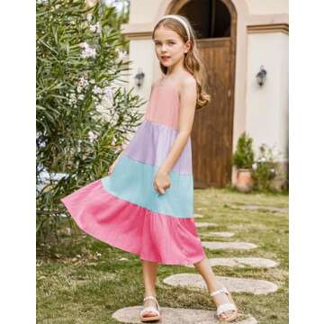 Arshiner Girl Summer Maxi Dress Kids Boho Beach Casual Sleeveless Sundress Strap Maxi Dresses with Pockets Pink & Purple & Blue 7-8 Years