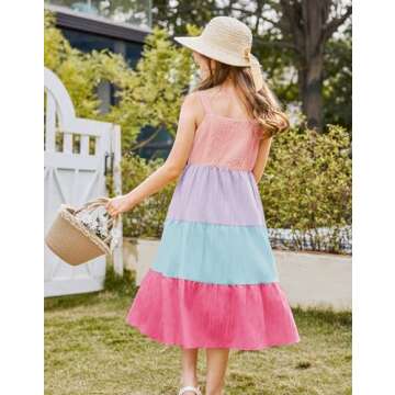 Arshiner Girl Summer Maxi Dress Kids Boho Beach Casual Sleeveless Sundress Strap Maxi Dresses with Pockets Pink & Purple & Blue 7-8 Years
