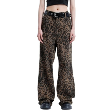 Aelfric Eden Leopard Print Jeans for Women Cheetah Print Pants Straight Leg Denim(A Size 1-2 Larger ...