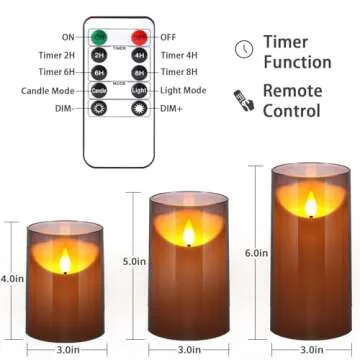 NURADA Flameless Candles with Remote Timer: 3D Wick Battery Operated Led Pillar Unbreakable Acrylic Fake Candle Set for Home Decoration Romantic Ambiance - Grey 3 Pack