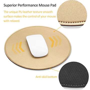 ProElife Mouse Pad for Computer Laptop Accessories, Anti Slip Cute Round Mouse Pad Waterproof PU Leather 8.66-Inch Circular Mousepad Stitched Edges Mat for Home Office School Gaming (Gold)
