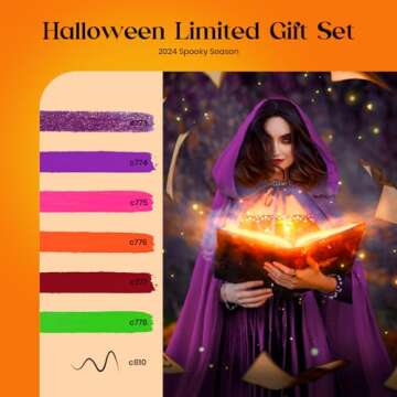 Beetles Gel Nail Polish 6 Colors Halloween Gel Nail Polish Set Witches' Spellbook Collection with Liner Gel Nail Stickers and Rings Shimmer Pink Purple Orange Nail Gel Polish for Party Gift Holiday
