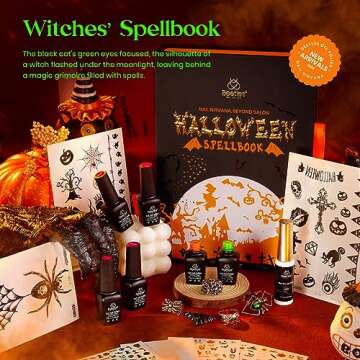 Beetles Gel Nail Polish 6 Colors Halloween Gel Nail Polish Set Witches' Spellbook Collection with Liner Gel Nail Stickers and Rings Shimmer Pink Purple Orange Nail Gel Polish for Party Gift Holiday