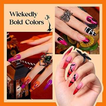 Beetles Gel Nail Polish 6 Colors Halloween Gel Nail Polish Set Witches' Spellbook Collection with Liner Gel Nail Stickers and Rings Shimmer Pink Purple Orange Nail Gel Polish for Party Gift Holiday