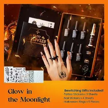 Beetles Gel Nail Polish 6 Colors Halloween Gel Nail Polish Set Witches' Spellbook Collection with Liner Gel Nail Stickers and Rings Shimmer Pink Purple Orange Nail Gel Polish for Party Gift Holiday