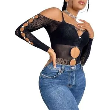 Milumia Sparkly Off Shoulder Fishnet Bodysuit for Women