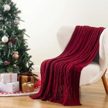Battilo Christmas Dark Red Throw Blanket for Couch, Bed, Sofa, 51"x67", Woven Chenille Knit Throw Bl...