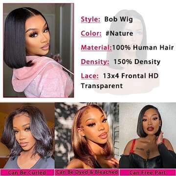 Bob Wig Human Hair 13x4 Lace Front Bob Wigs Human Hair 180% Density Bob Wigs Human Hair for Women HD Lace Front Wigs Human Hair Bob Pre Plucked Short Bob Wig Human Hair Natural Color 12inch