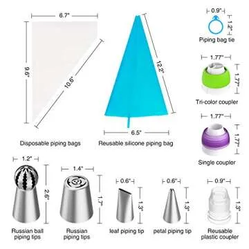 Ouddy Russian Piping Tips Set, 34 Pcs Cake Decorating Tips with 8 Russian Tips, 4 Russian Ball Pipin...