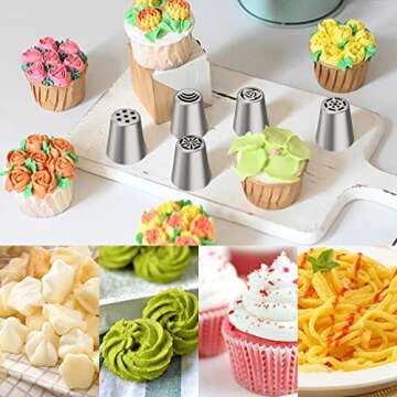Ouddy Russian Piping Tips Set, 34 Pcs Cake Decorating Tips with 8 Russian Tips, 4 Russian Ball Piping Tips, 2 Leaf Piping Tips, 11 Pastry Bags, Flower Frosting Tips Cake Decorating Kit Baking Supplies