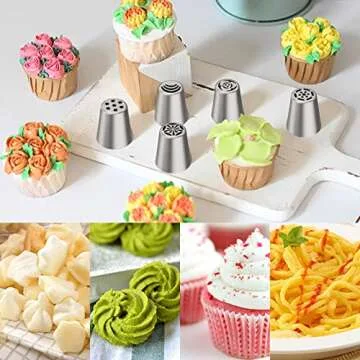 Ouddy Russian Piping Tips Set, 34 Pcs Cake Decorating Tips with 8 Russian Tips, 4 Russian Ball Piping Tips, 2 Leaf Piping Tips, 11 Pastry Bags, Flower Frosting Tips Cake Decorating Kit Baking Supplies