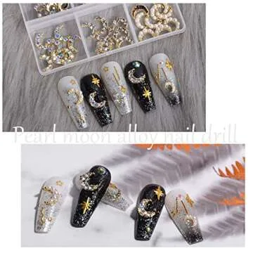 WEILUSI Gold Moon Nail Charms Kit 3D Alloy Nail Art Rhinestones Mixed Sparkle AB Crystal Rhinestones Pearl Nail Charm Jewelry Moon Nail Studs Manicure Accessories for Women Nails Decoration DIY Craft