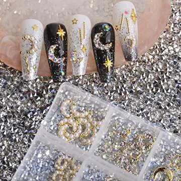 WEILUSI Gold Moon Nail Charms Kit 3D Alloy Nail Art Rhinestones Mixed Sparkle AB Crystal Rhinestones Pearl Nail Charm Jewelry Moon Nail Studs Manicure Accessories for Women Nails Decoration DIY Craft