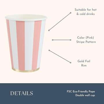 Bonjour Fête Light Pink Cabana Stripe Party Cups | Disposable Cups for Holidays, Baby Showers & Birthday Decorations | Premium 12oz Party Supplies | Pack of 8 | Elegant Disposable Drinkware