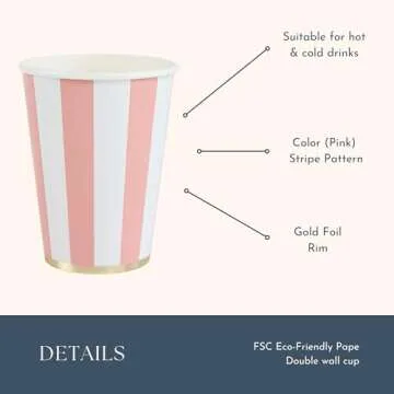 Bonjour Fête Light Pink Cabana Stripe Party Cups | Disposable Cups for Holidays, Baby Showers & Birthday Decorations | Premium 12oz Party Supplies | Pack of 8 | Elegant Disposable Drinkware