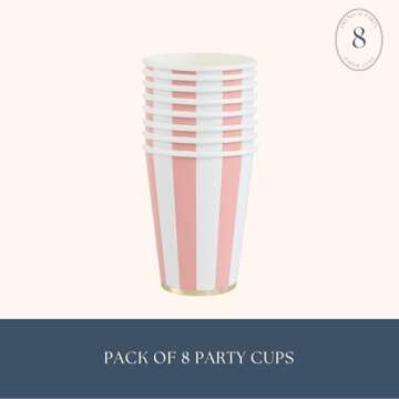 Bonjour Fête Light Pink Cabana Stripe Party Cups | Disposable Cups for Holidays, Baby Showers & Birthday Decorations | Premium 12oz Party Supplies | Pack of 8 | Elegant Disposable Drinkware
