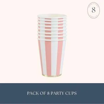 Bonjour Fête Light Pink Cabana Stripe Party Cups | Disposable Cups for Holidays, Baby Showers & Birthday Decorations | Premium 12oz Party Supplies | Pack of 8 | Elegant Disposable Drinkware