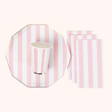 Bonjour Fête Light Pink Cabana Stripe Party Cups | Disposable Cups for Holidays, Baby Showers & Birthday Decorations | Premium 12oz Party Supplies | Pack of 8 | Elegant Disposable Drinkware