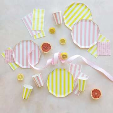 Bonjour Fête Light Pink Cabana Stripe Party Cups | Disposable Cups for Holidays, Baby Showers & Birthday Decorations | Premium 12oz Party Supplies | Pack of 8 | Elegant Disposable Drinkware