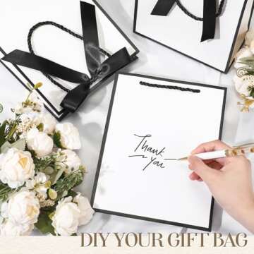Silkfly 24 Pcs Thank You Gift Bags with Handles Elegant Gift Bags with Bow Ribbon for Valentine’s Day Anniversary Wedding Bridal Shower Birthday Housewarming Bridesmaid Gift Bags(White, Black)