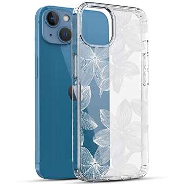 RANZ Compatible with iPhone 13 Case, Anti-Scratch Shockproof Series Clear Hard PC+ TPU Bumper Protective Cover Case for iPhone 13 (6.1") - White Flower
