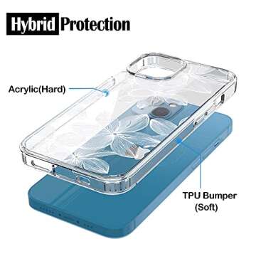 RANZ Compatible with iPhone 13 Case, Anti-Scratch Shockproof Series Clear Hard PC+ TPU Bumper Protective Cover Case for iPhone 13 (6.1") - White Flower