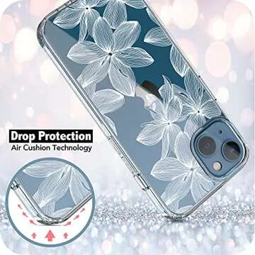 RANZ Compatible with iPhone 13 Case, Anti-Scratch Shockproof Series Clear Hard PC+ TPU Bumper Protective Cover Case for iPhone 13 (6.1") - White Flower
