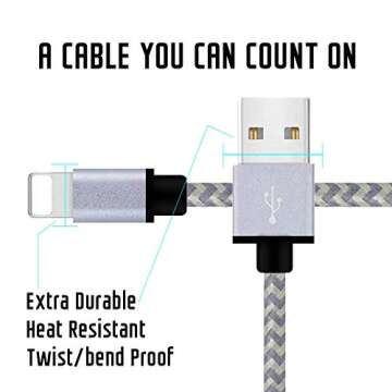iPhone Charger,MFi Certified Lightning Cable,4 Pack(3/6/6/10 FT) Extra Long Nylon Braided Charging&Syncing Cord Compatible with iPhone Xs/XS Max//XRX/7/7Plus/8/8Plus/6S/6SPlus/5/Ipad (White+Grey)