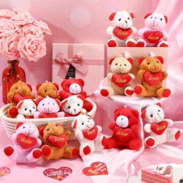 Ceenna 50 Pcs Valentines Plush Bear Heart for Girlfriend Small Bear Stuffed with Red Heart Mini Plush Bear Keychain Valentine's Day Gifts Fillers Bulk for Girlfriend Boyfriend Valentine Gifts
