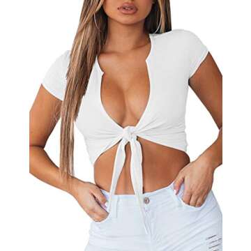 BORIFLORS Women's Sexy Tie Up Crop Top Short Sleeve Deep V Neck Casual Basic T Shirt,X-Large,White