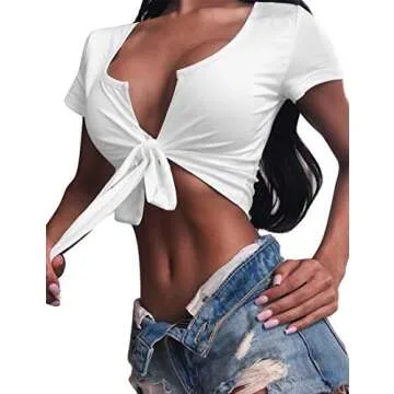 BORIFLORS Women's Sexy Tie Up Crop Top Short Sleeve Deep V Neck Casual Basic T Shirt,X-Large,White