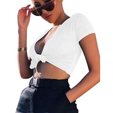 BORIFLORS Women's Sexy Tie Up Crop Top Short Sleeve Deep V Neck Casual Basic T Shirt,X-Large,White