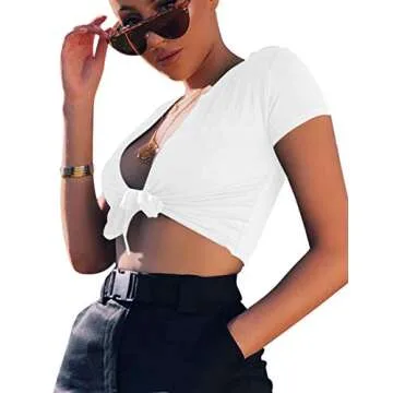 BORIFLORS Women's Sexy Tie Up Crop Top Short Sleeve Deep V Neck Casual Basic T Shirt,X-Large,White