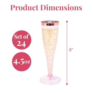 Prestee Set of 50 Plastic Champagne Flutes Disposable - Silver Glitter Pink Champagne Glasses with Gold Rim, Elegant Toasting Cups for Weddings, Cocktail Parties, New Year's Celebrations