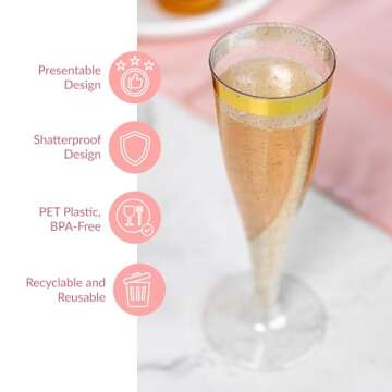 Prestee Set of 50 Plastic Champagne Flutes Disposable - Silver Glitter Pink Champagne Glasses with Gold Rim, Elegant Toasting Cups for Weddings, Cocktail Parties, New Year's Celebrations