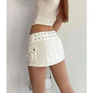 Argeousgor Women Aesthetic Low Waist Denim Skirts Y2K Belted Jean Skirt Pleated A-line Mini Skirt Trendy 2000s Streetwear