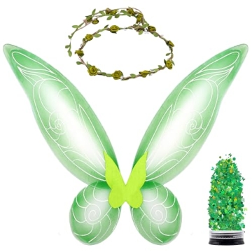 Funcredible Green Fairy Wings, Fairy Crown and Glitter - Fairy Costume Accessories - Butterfly Costu...